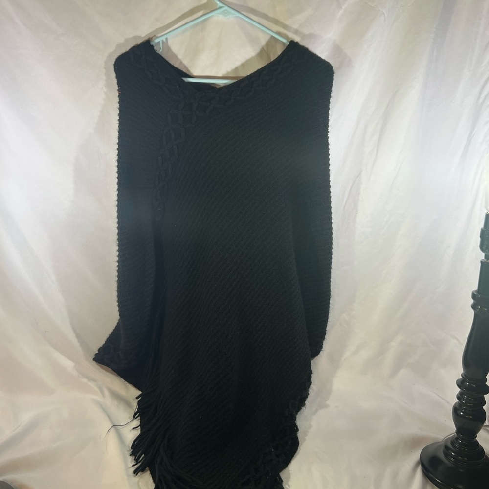Black Knit Poncho with Fringe